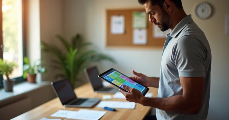 Gestor de pequena empresa analisando funil de vendas B2B em tablet