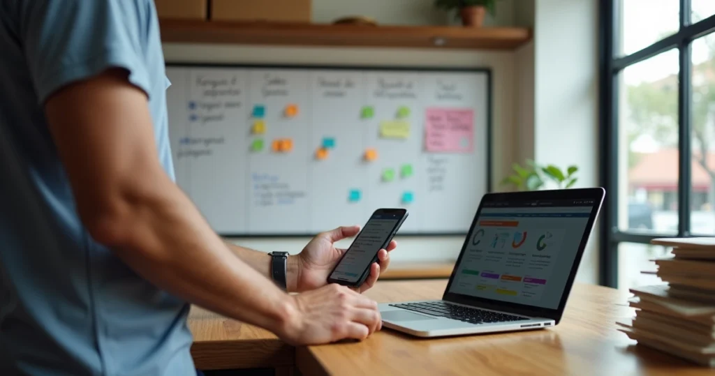 Pequeno empresário substituindo planilha de vendas em papel por planejamento visual em quadro e aplicativo simples