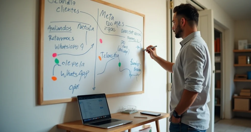 Dono de pequena empresa organizando plano de vendas em quadro branco simples