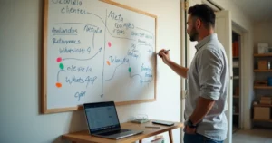 Dono de pequena empresa organizando plano de vendas em quadro branco simples