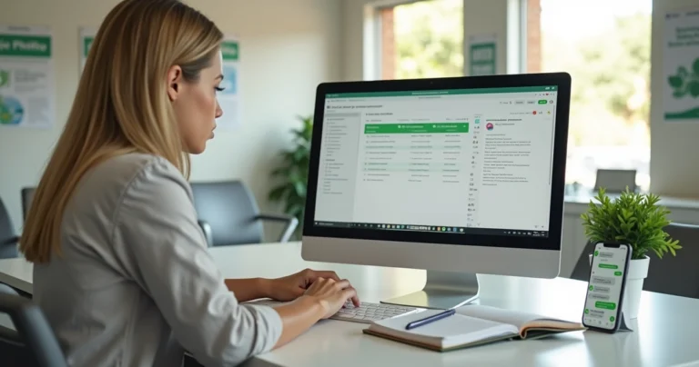 Recepcionista de clínica usando sistema simples em computador com lista de pacientes organizada
