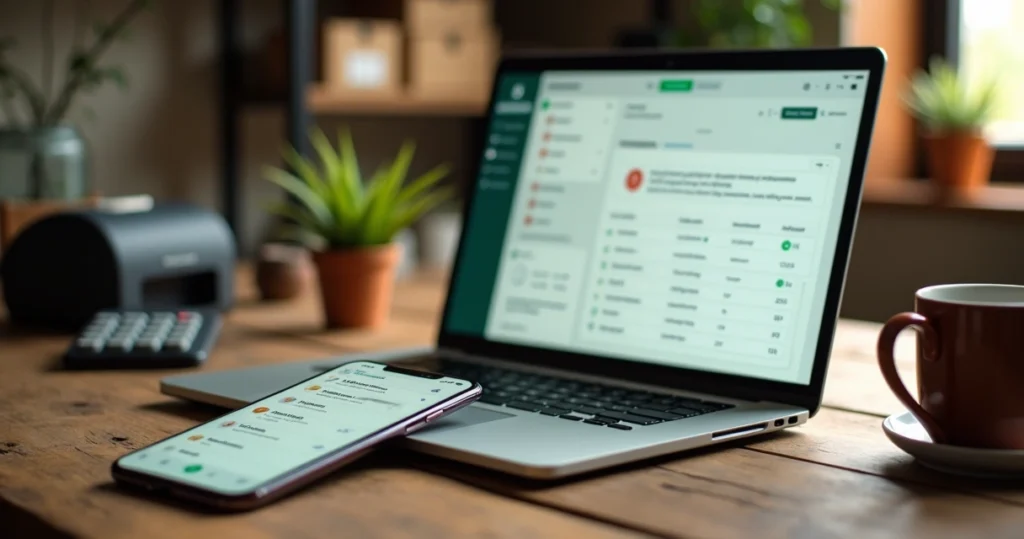 Celular com tela de WhatsApp organizada ao lado de CRM simples em mesa de madeira
