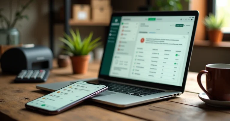 Celular com tela de WhatsApp organizada ao lado de CRM simples em mesa de madeira