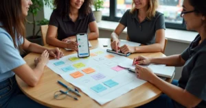 Equipe pequena de vendas brasileira organizando clientes em mesa redonda com cards coloridos