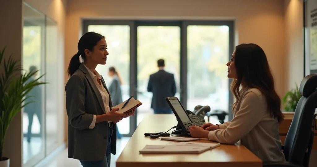 Vendedora conversando com recepcionista em pequena empresa com portas de vidro ao fundo