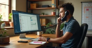 Vendedor de pequena empresa fazendo cold call em mesa de escritório simples