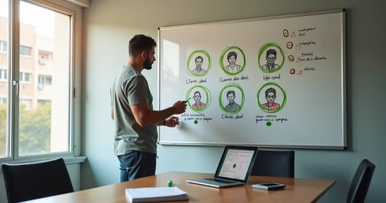 Dono de pequena empresa brasileira marcando clientes ideais em quadro branco
