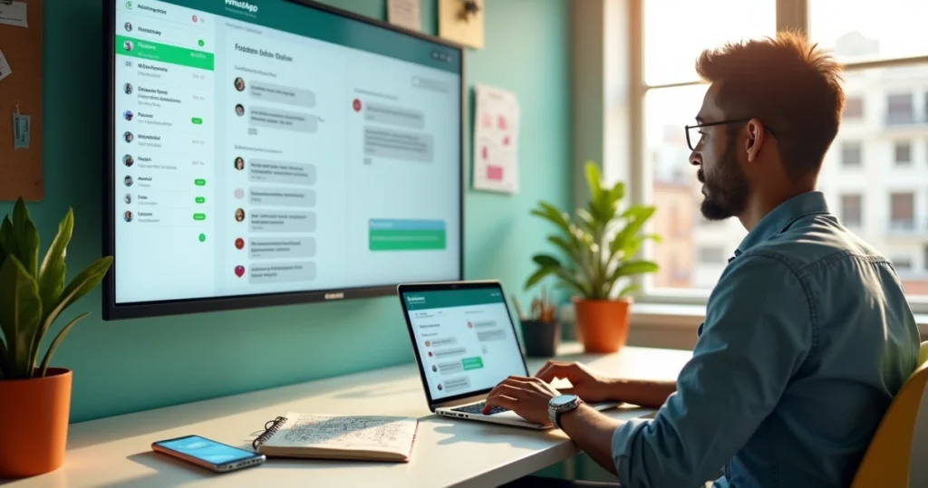 Empreendedor organizando contatos de vendas em tela grande com CRM simples