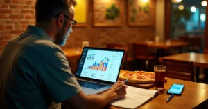 Dono de pizzaria analisando gráfico colorido de clientes fiéis em notebook