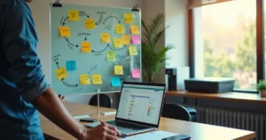 Quadro de vidro com mapa de prospecção de clientes em pequena empresa