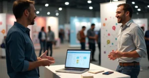 Dono de pequena empresa conversando com novo cliente em feira de negócios
