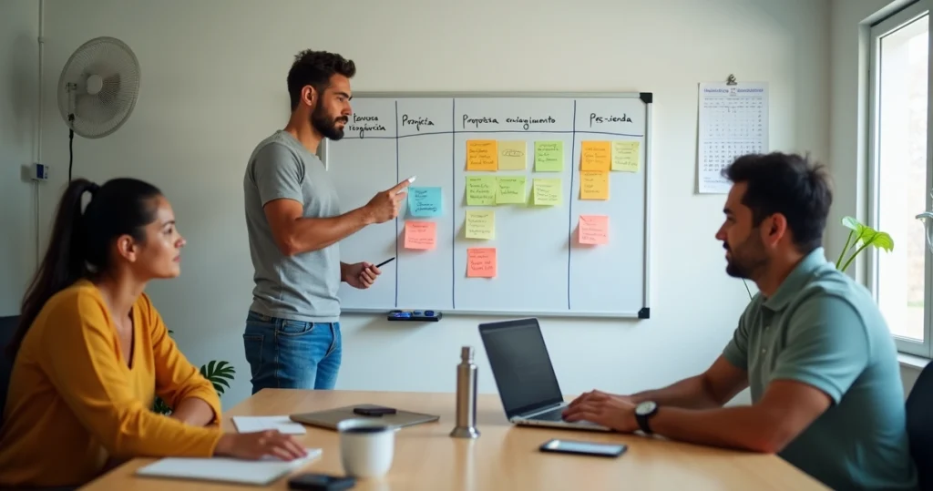 Time de vendas pequeno organizando quadro de etapas de vendas em escritório simples