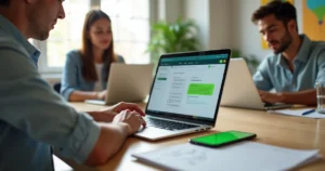 Profissional de vendas usando notebook e celular com WhatsApp aberto em pequeno escritório