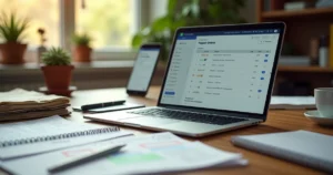 Mesa bagunçada se transformando em painel de CRM organizado na tela de notebook