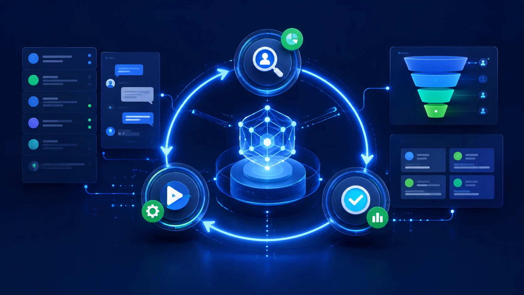 Ilustração do ciclo da DeepIA analisando contexto, executando ações e verificando resultados no CRM