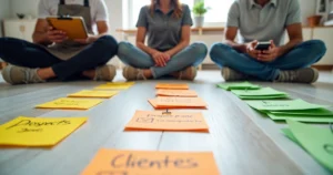 Donos de pequenos negócios diferentes analisando leads em cartões coloridos no chão