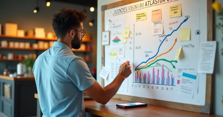 Gestor de pequena empresa brasileira analisando painel de forecast de vendas colorido na parede