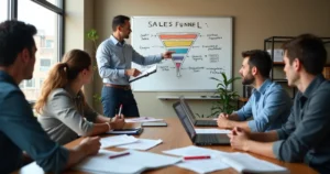 Gestor de vendas em pequena empresa organizando equipe de vendas na frente de quadro branco