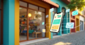 Pequena empresa brasileira com vitrine e símbolos de e-mail marketing ao redor