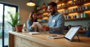 Dono de pequena loja no balcão atendendo dois clientes enquanto confere lista de contatos organizada em tablet