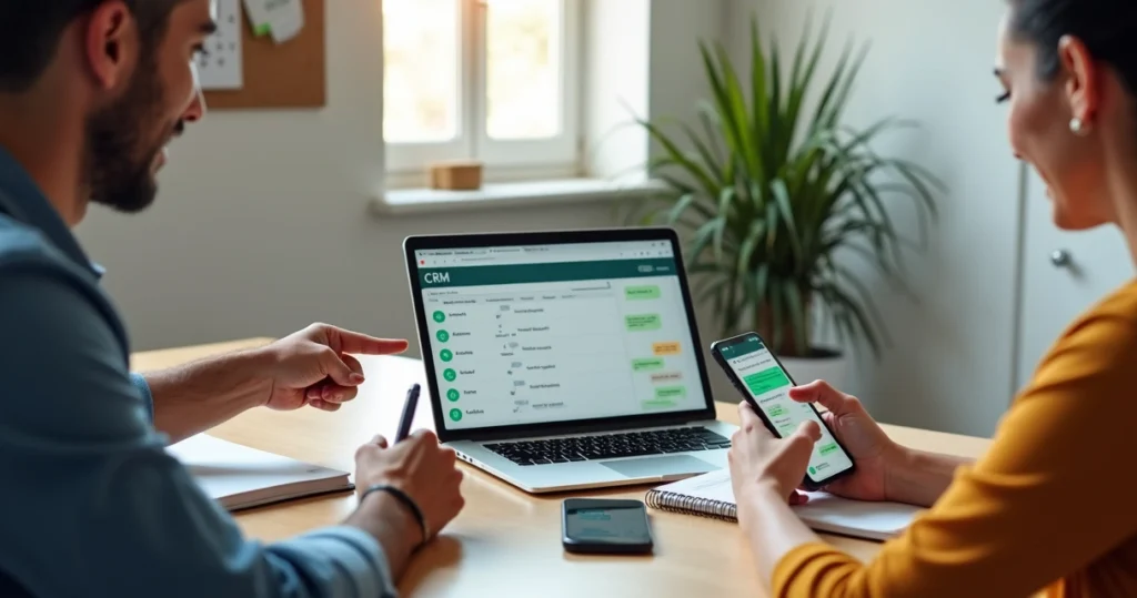 Equipe pequena discutindo informações de clientes em escritório simples