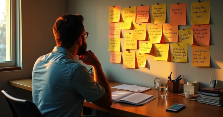 Vendedor de pequena empresa refletindo diante de parede com frases motivacionais de vendas